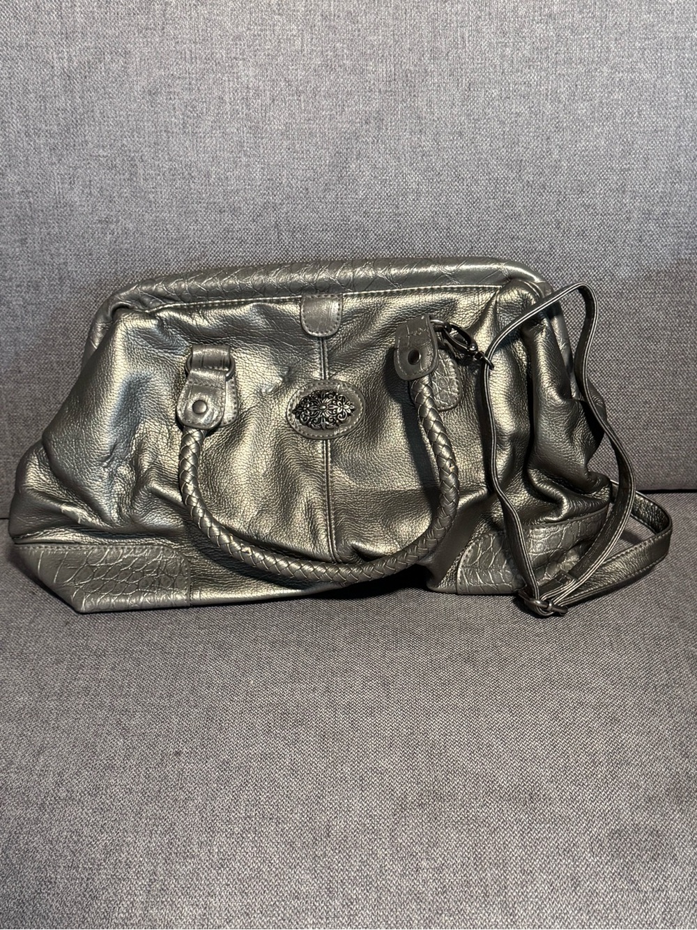 Metallic Gray Women's Leather Satchel Bag